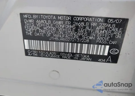 2007 Lexus Es 350 from USA, damaged, VIN JTHBJ46G272137228